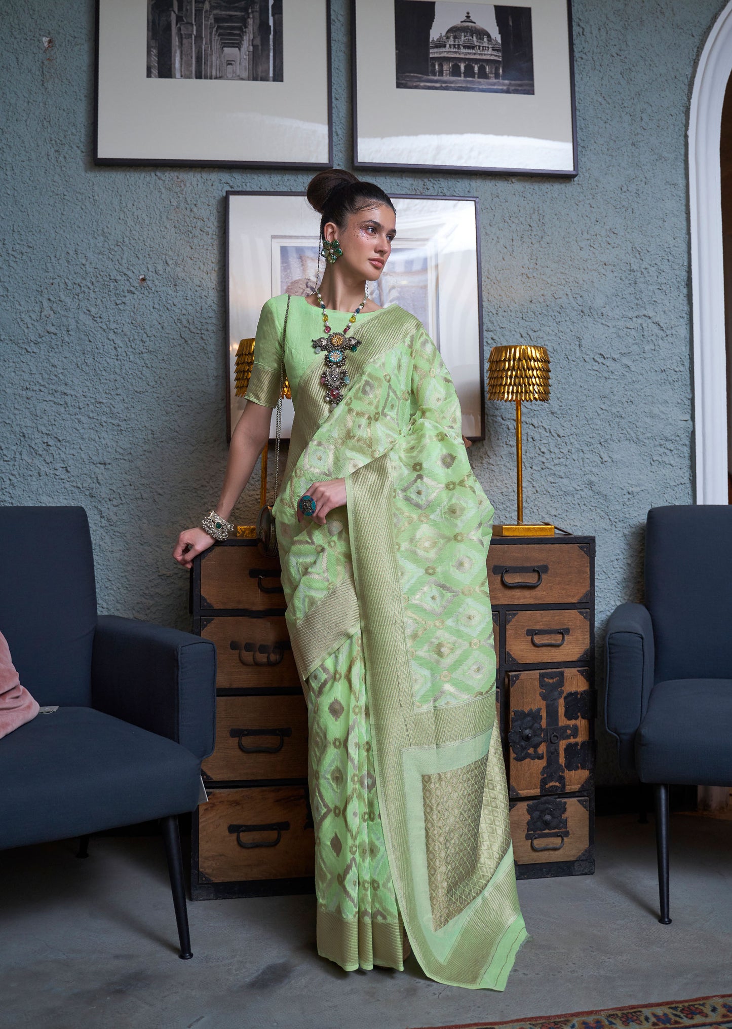 Muted Green Kaapas Linen Handloom Saree