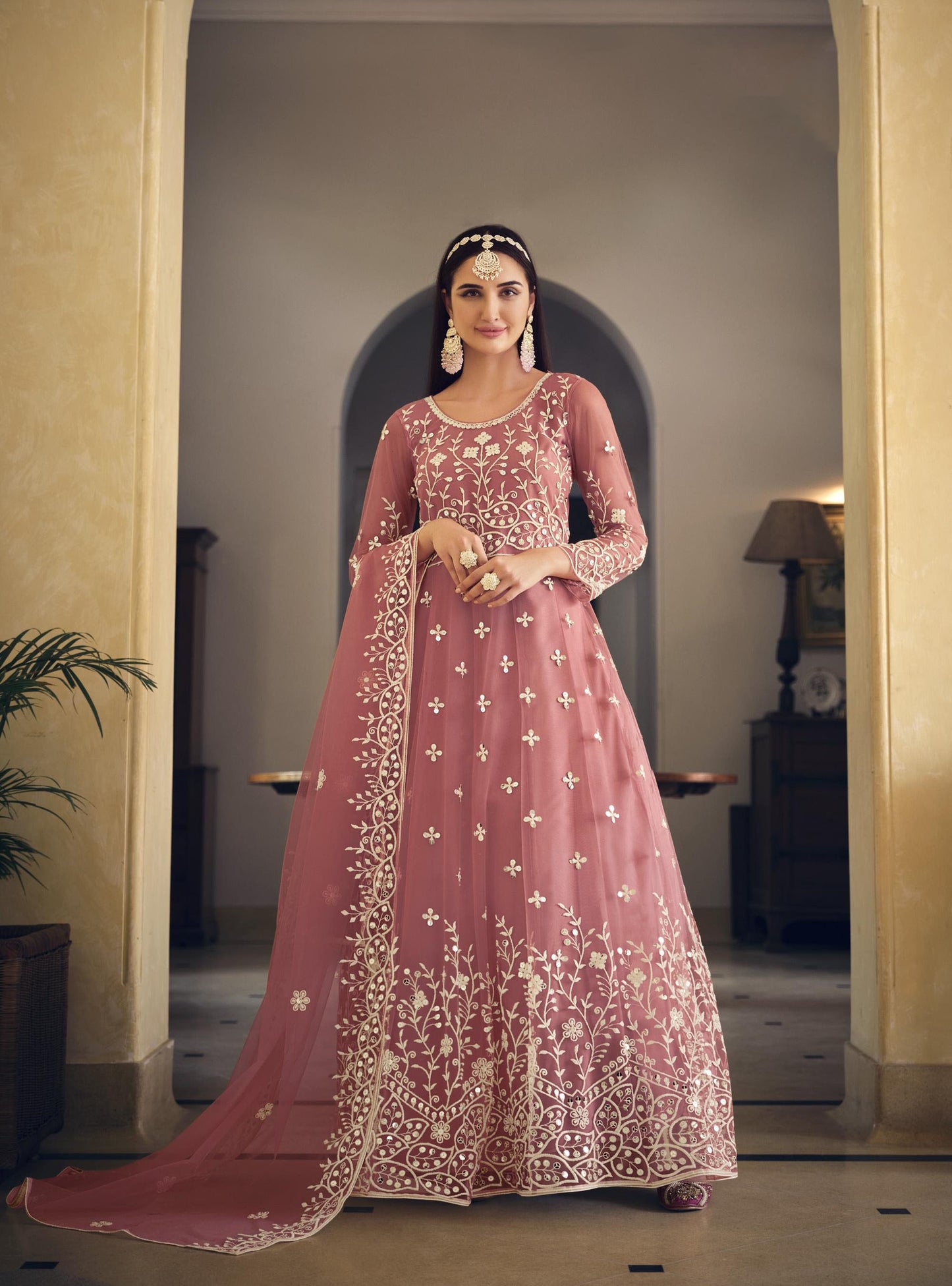 Rose Pink Mirror Work Net Embroidered Anarkali-SS3008