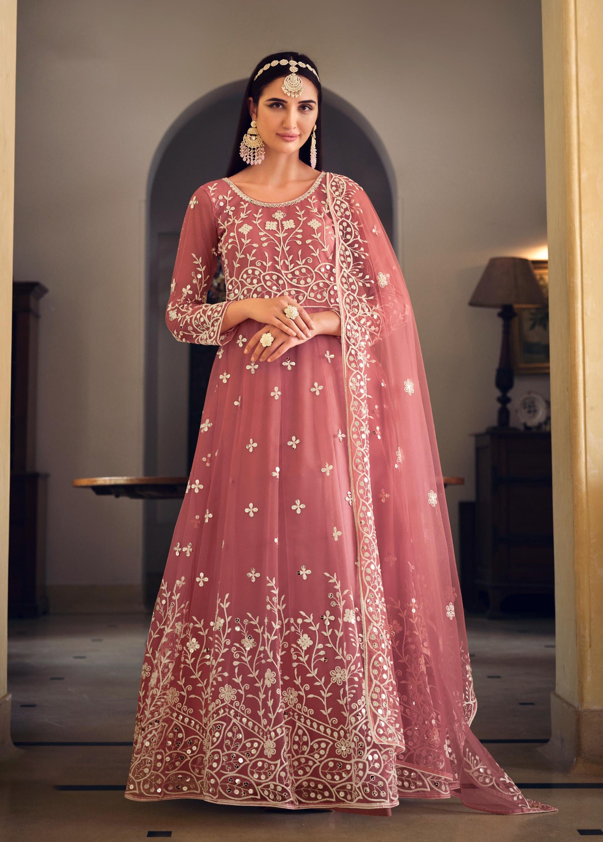 Rose Pink Mirror Work Net Embroidered Anarkali-SS3008