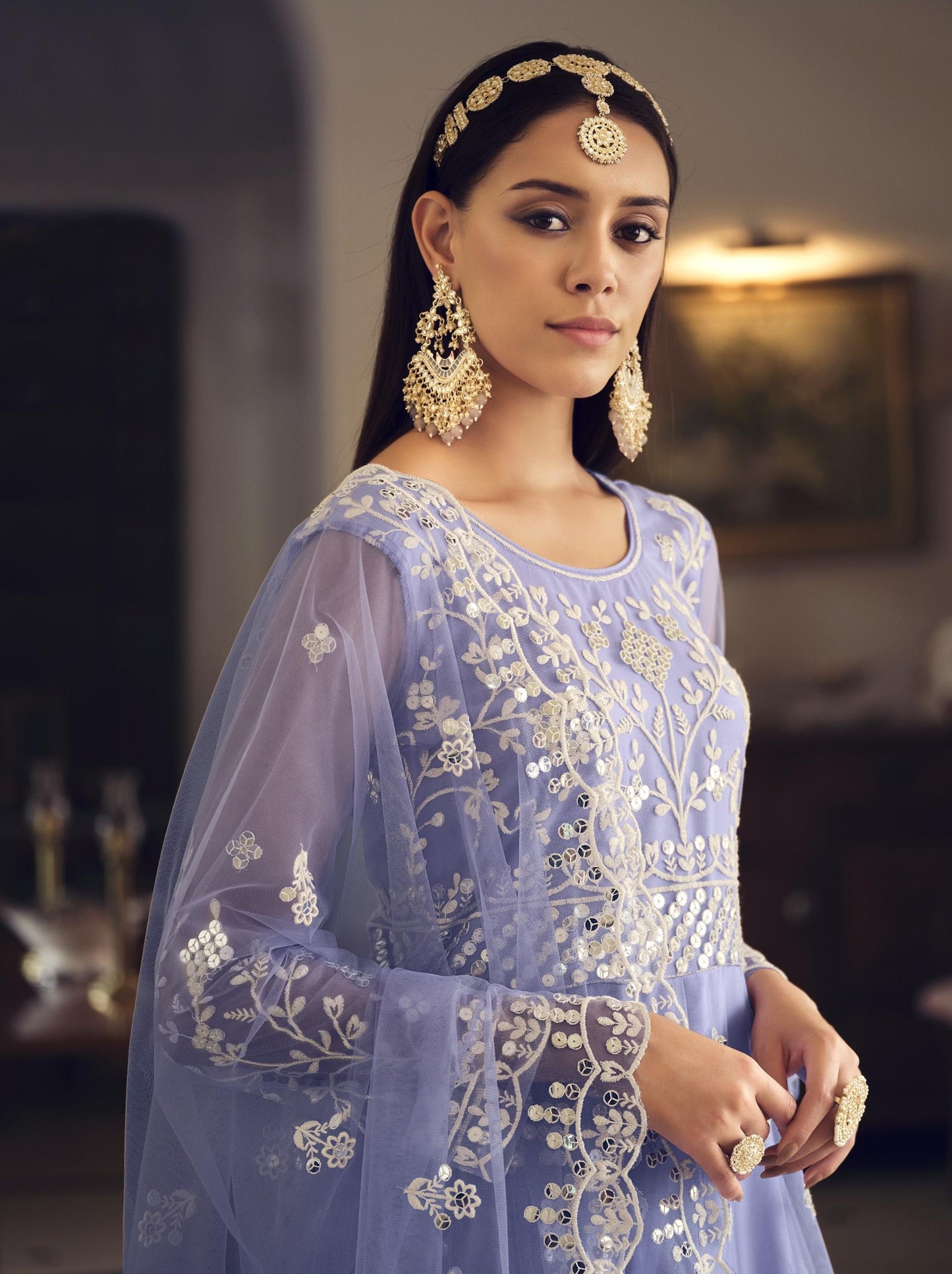 Indigo Blue Mirror Work Net Embroidered Anarkali