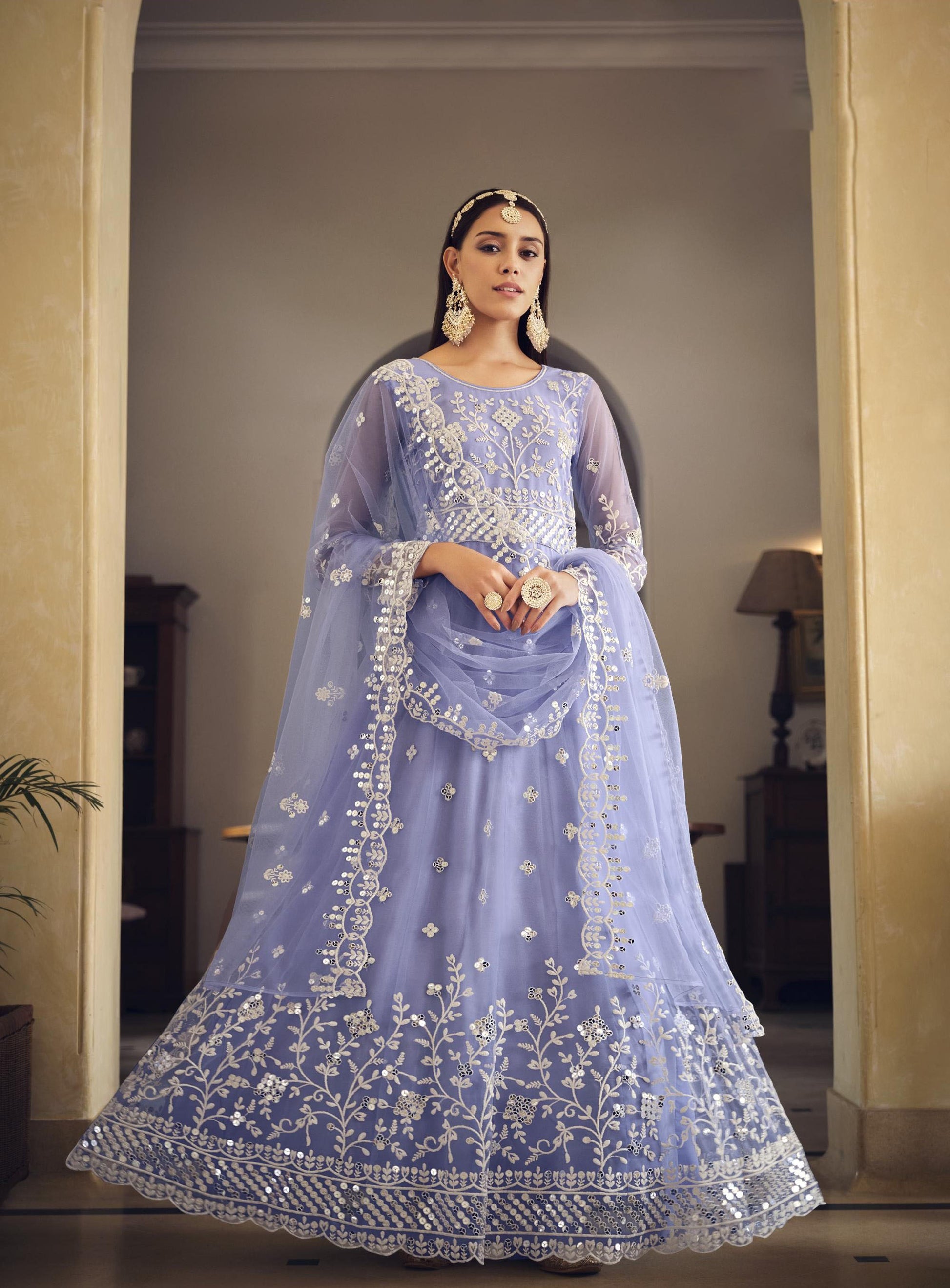 Indigo Blue Mirror Work Net Embroidered Anarkali