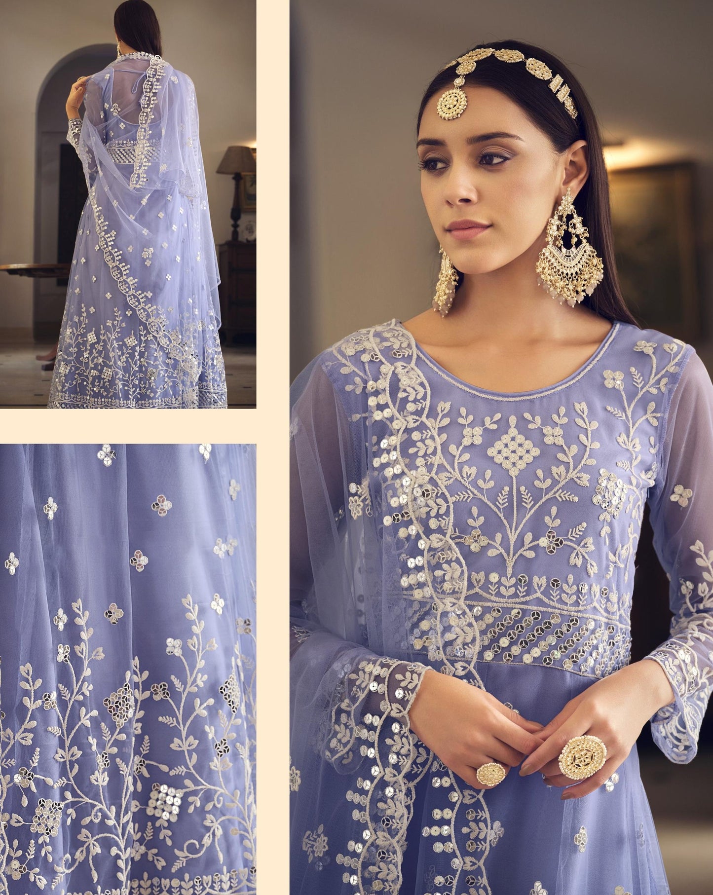 Indigo Blue Mirror Work Net Embroidered Anarkali