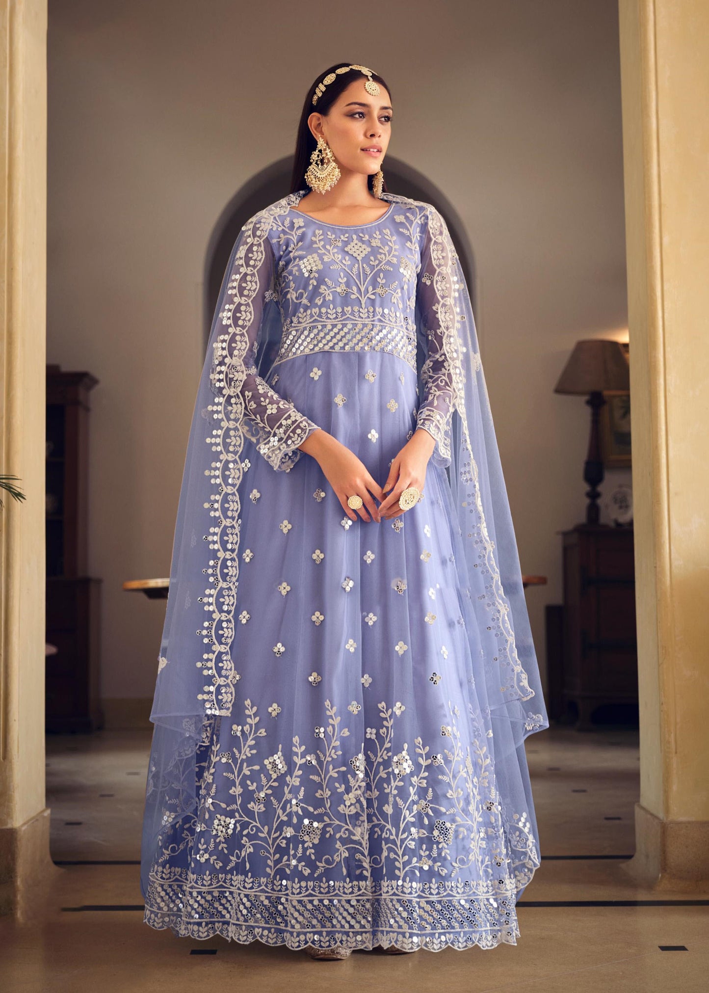 Indigo Blue Mirror Work Net Embroidered Anarkali