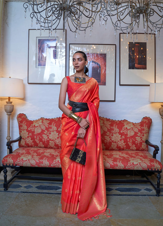 Tangerine Orange Kanyaatha Moss weave handloom silk saree