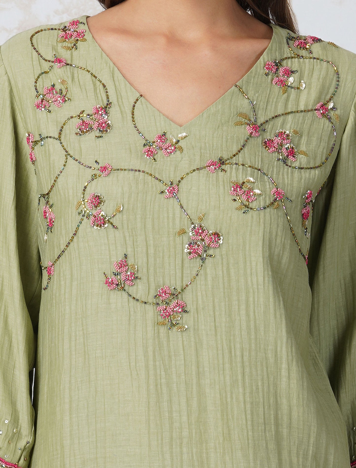 Beaded Flower Straight Sage Green Kurta Set