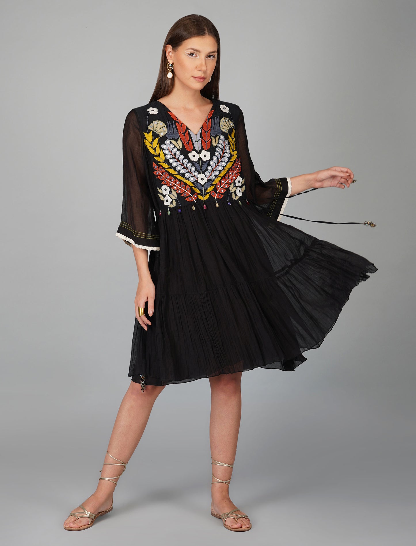 Applique Black Yoke Tiered Dress