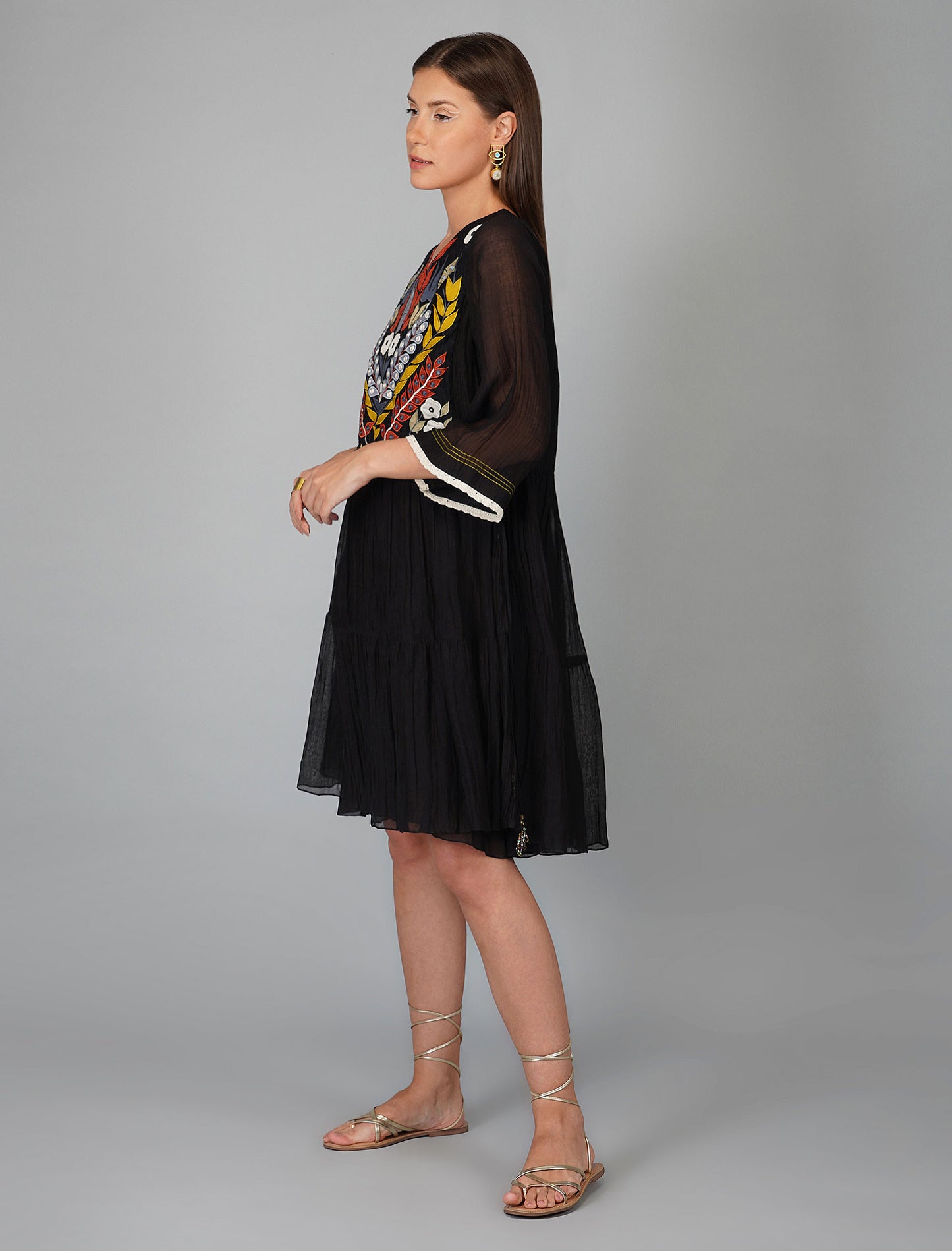 Applique Black Yoke Tiered Dress