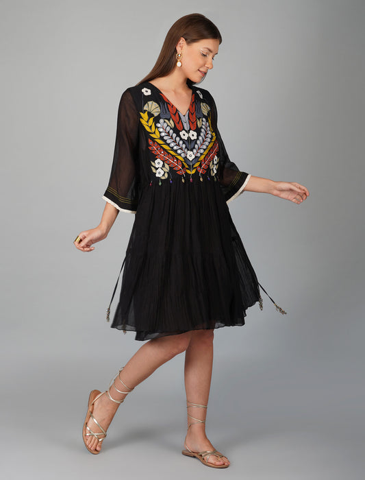 Applique Black Yoke Tiered Dress