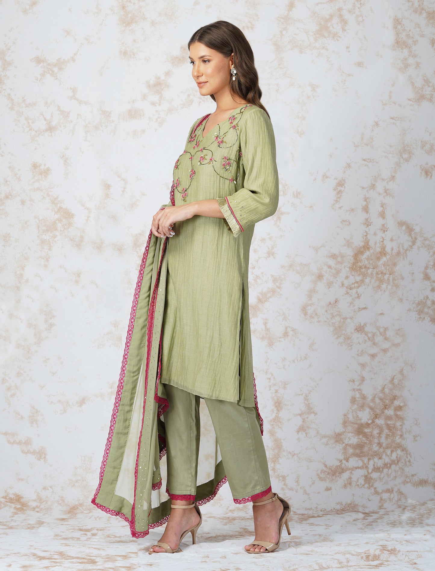 Beaded Flower Straight Sage Green Kurta Set