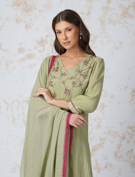 Beaded Flower Straight Sage Green Kurta Set