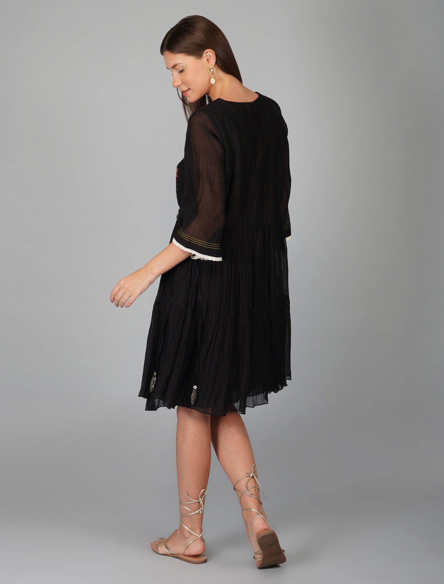 Applique Black Yoke Tiered Dress