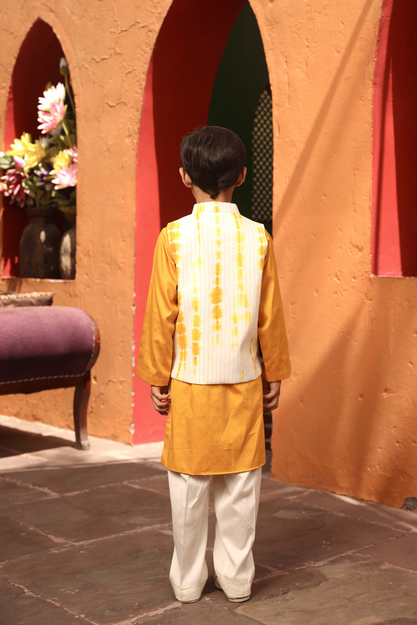 Yellow Tie and Die Nehru Jacket with Kurta and Pant