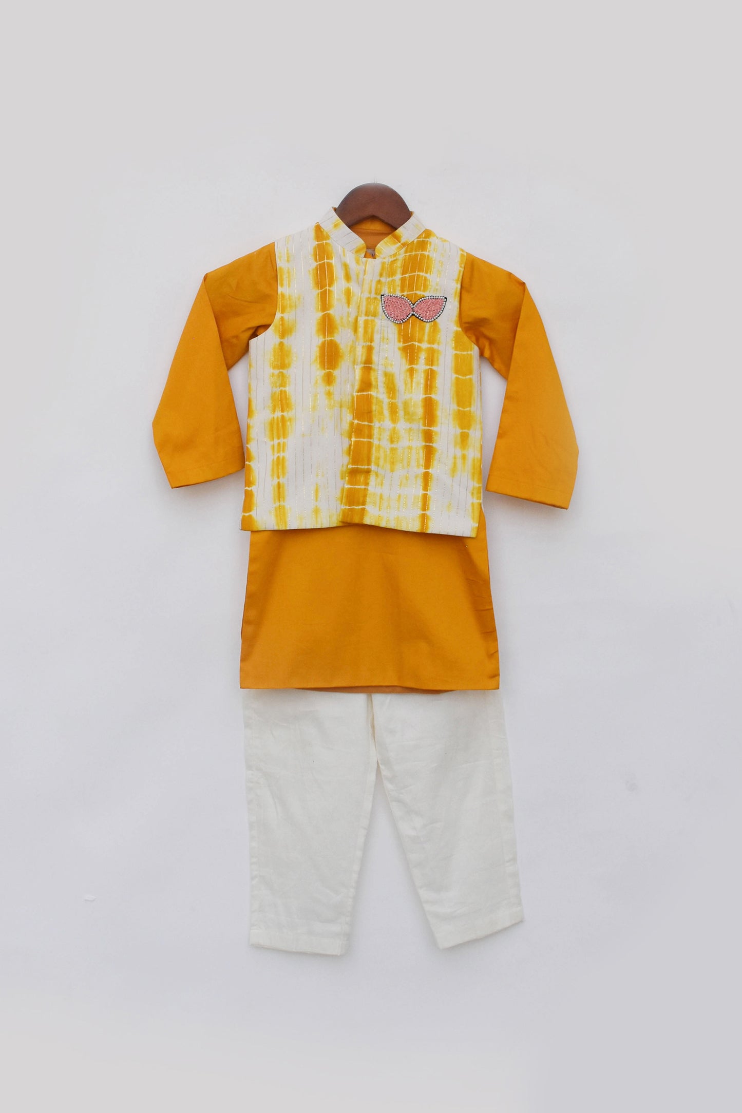 Yellow Tie and Die Nehru Jacket with Kurta and Pant