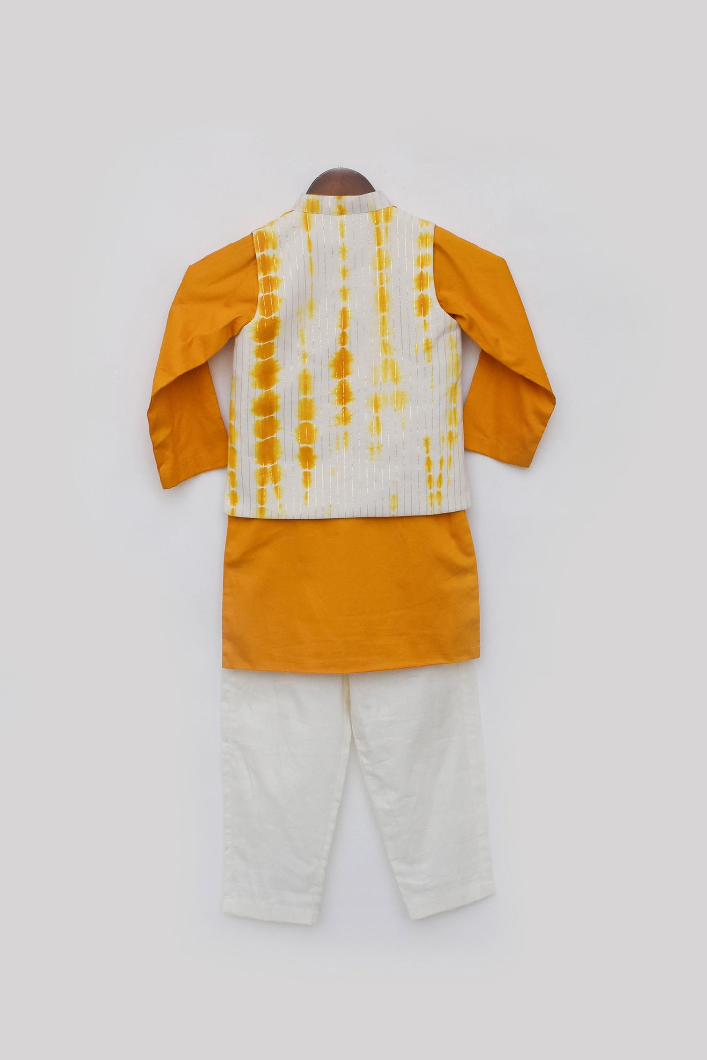 Yellow Tie and Die Nehru Jacket with Kurta and Pant