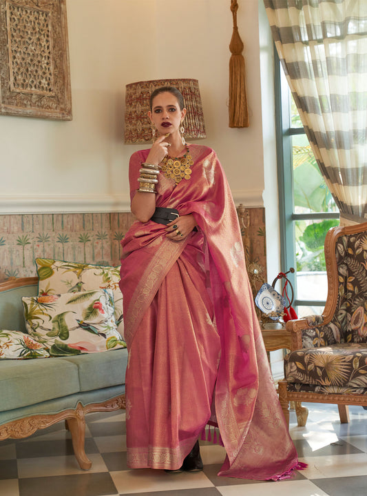 Rose Pink Kalki Orchid Satin Tissue Handloom Saree