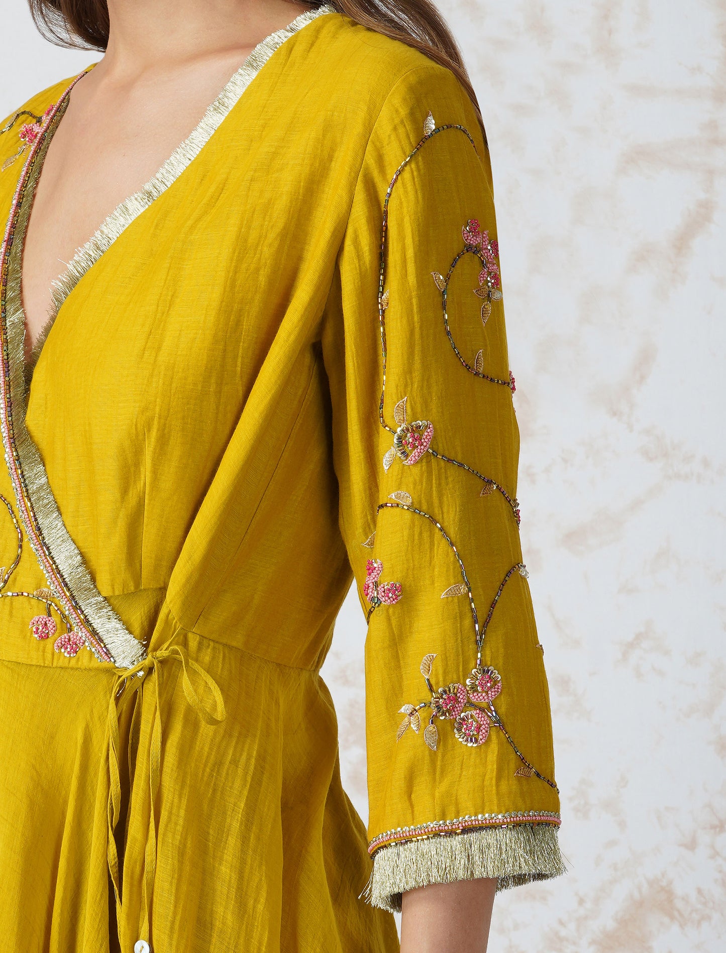 Mustard Beaded Flower Asymmetric Anarkali Set