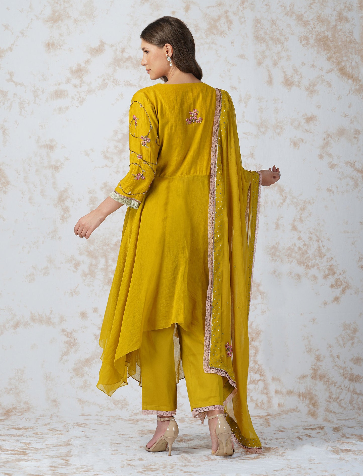 Mustard Beaded Flower Asymmetric Anarkali Set