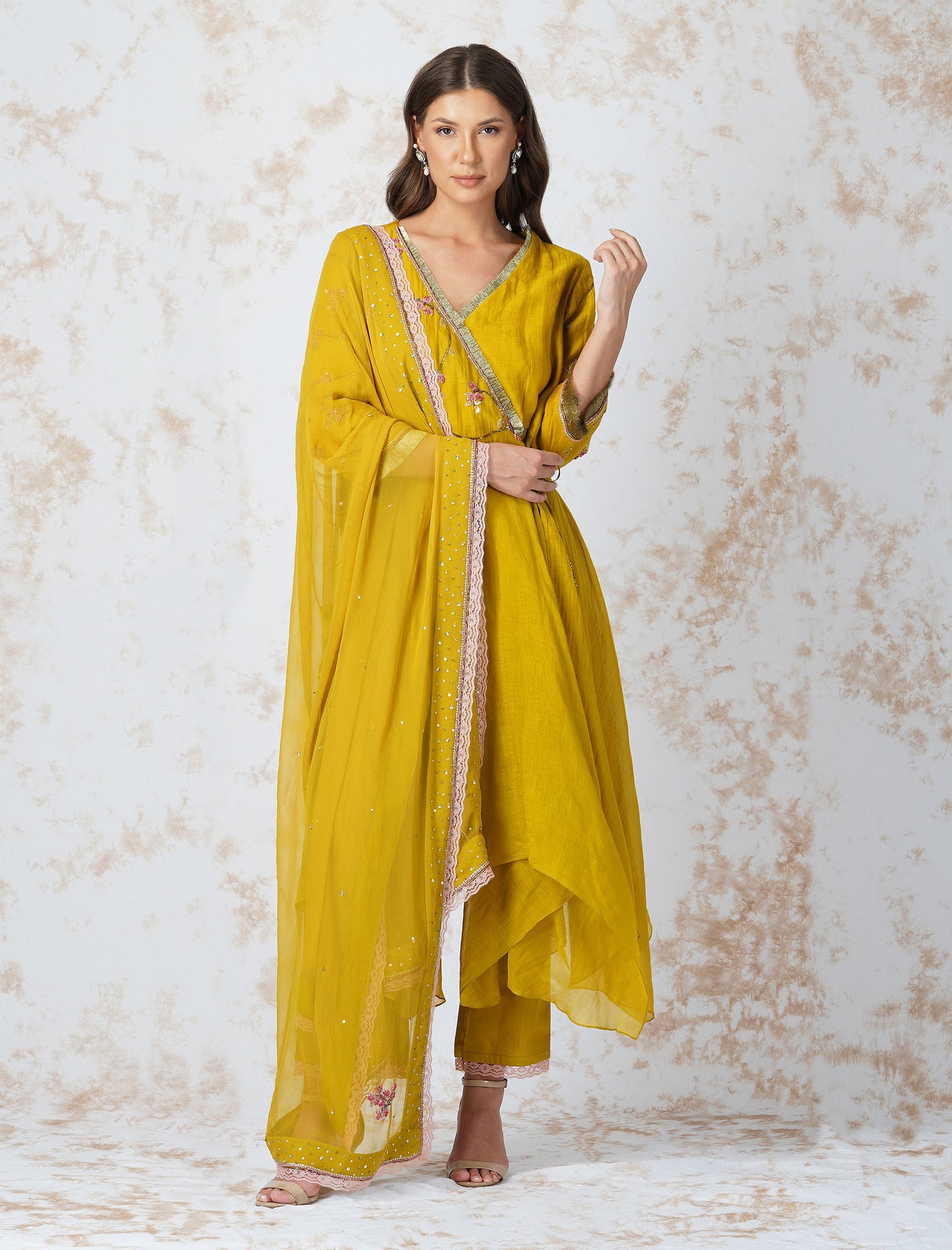 Mustard Beaded Flower Asymmetric Anarkali Set