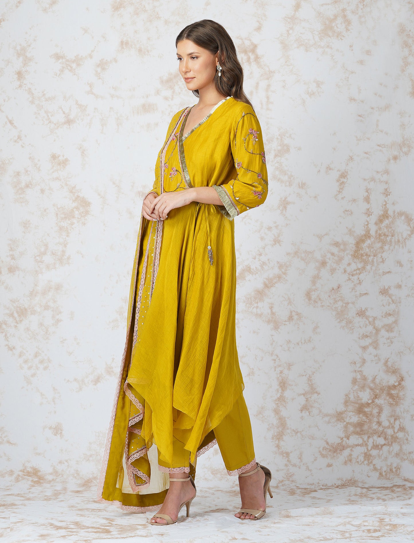 Mustard Beaded Flower Asymmetric Anarkali Set