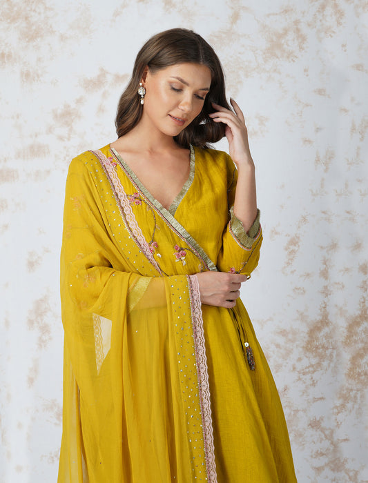 Mustard Beaded Flower Asymmetric Anarkali Set