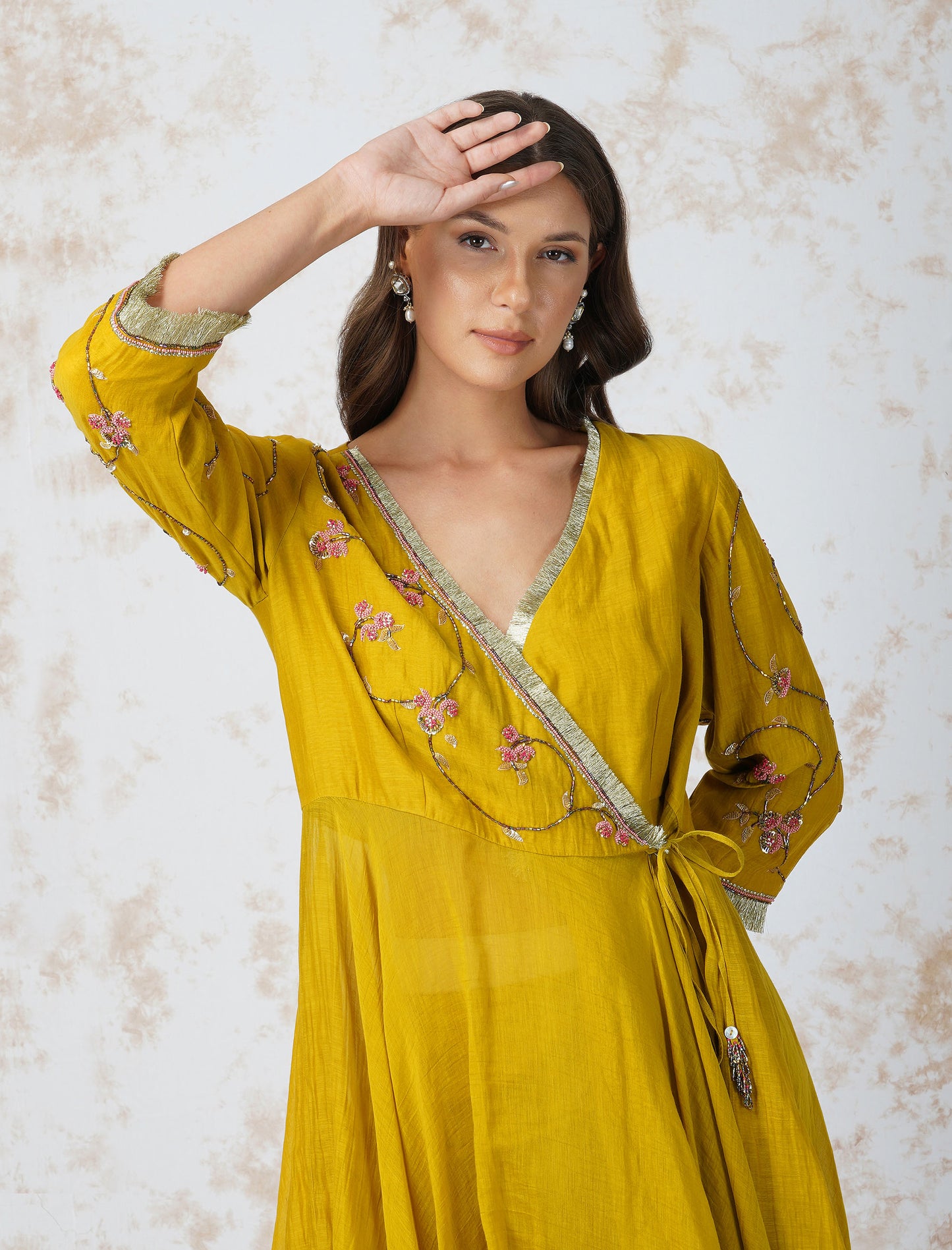 Mustard Beaded Flower Asymmetric Anarkali Set