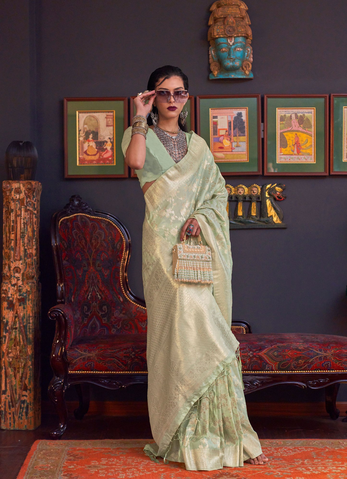 Pista green Khabutai Pure katan Handloom Silk Saree