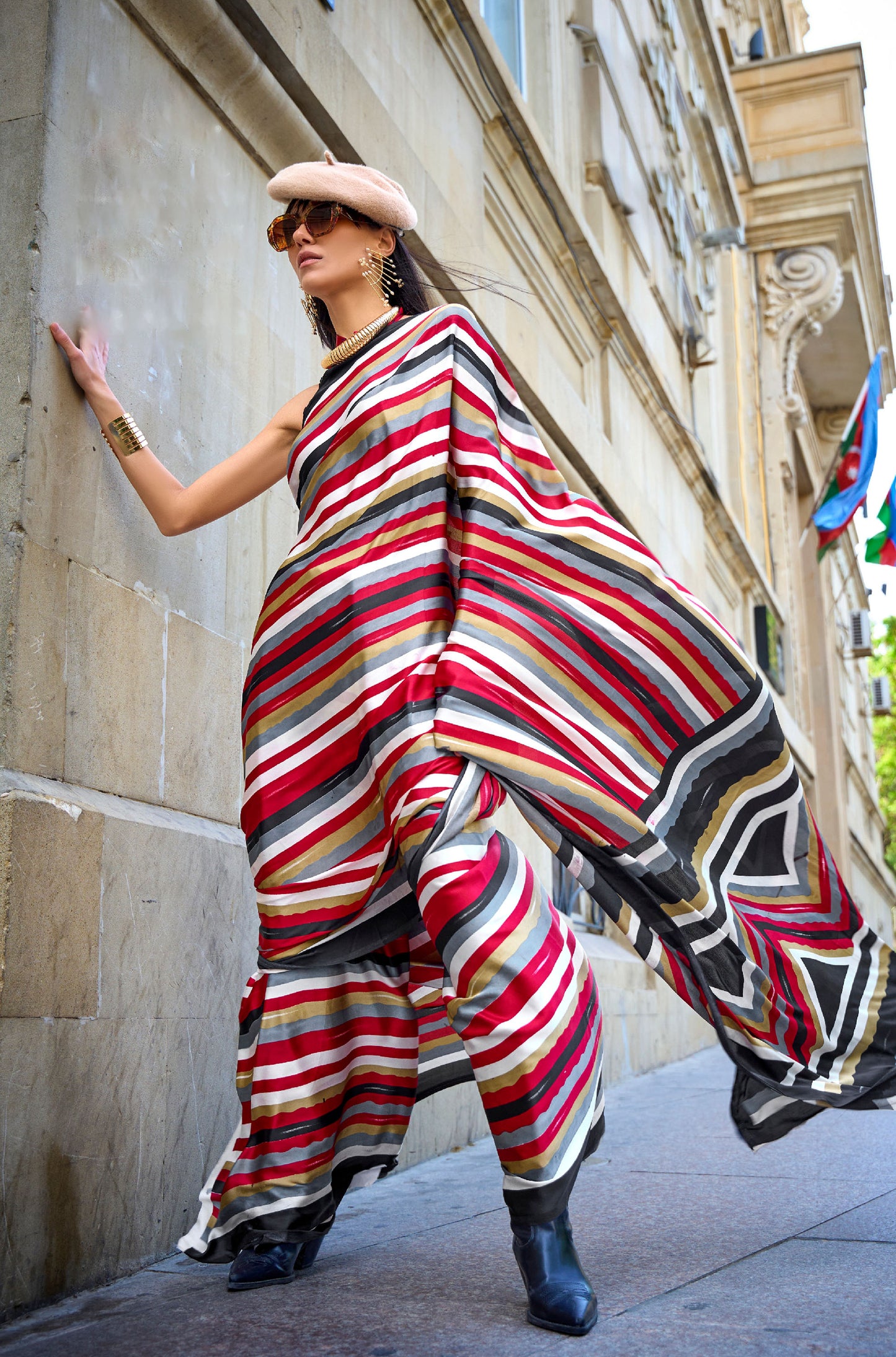 Red and Black Stripes Kubik Print Satin Saree