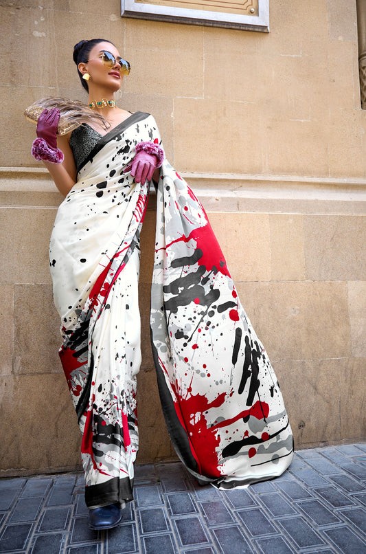 White and Red Art Work Kubik Print Satin Saree