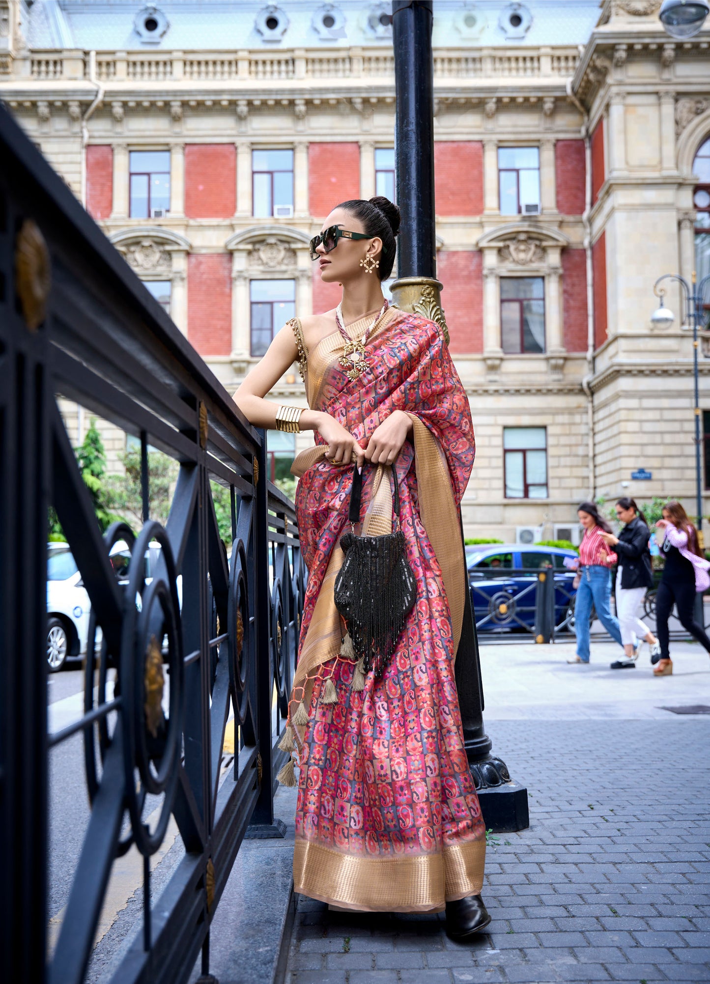 Red Multi Color Klay Print Satin Organza Saree