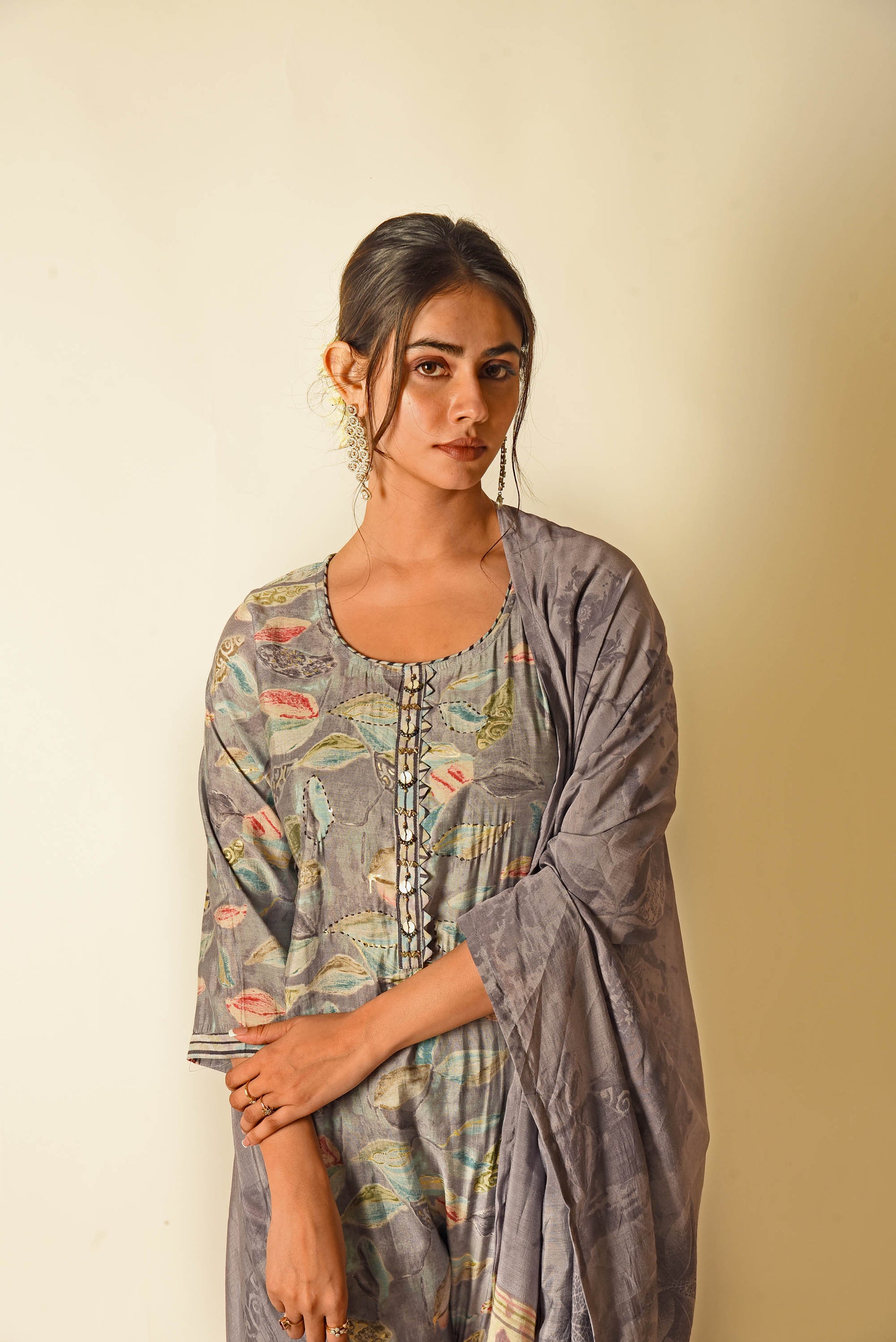 Light Grey Muslin Simmer Printed Straight Fit kurta