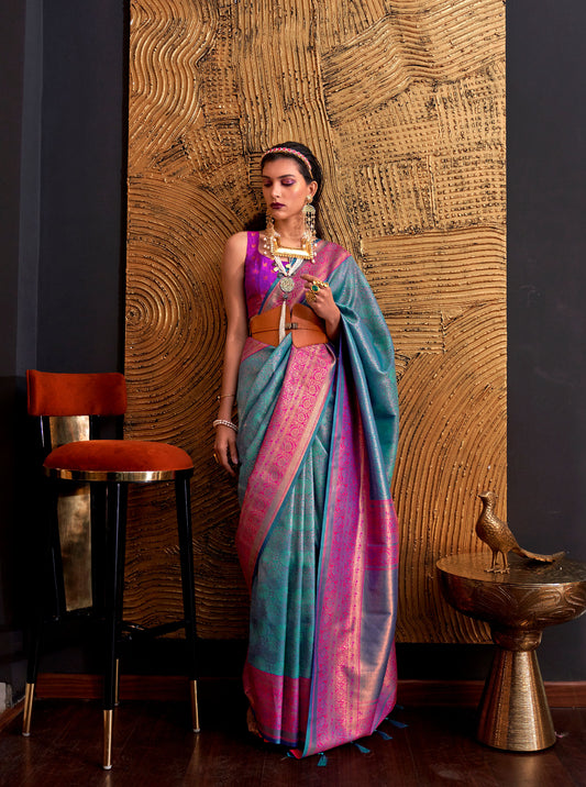 Blue Kamiya Silk Chap handloom Saree