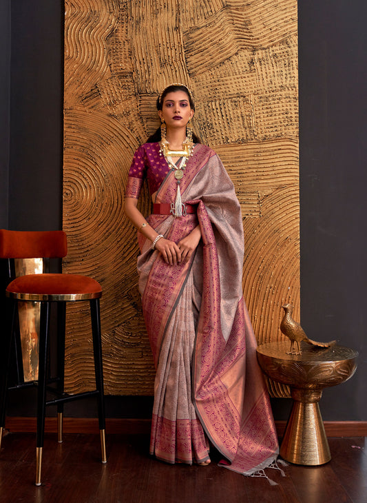 Light Brown Purple Kamiya Silk Chap handloom Saree