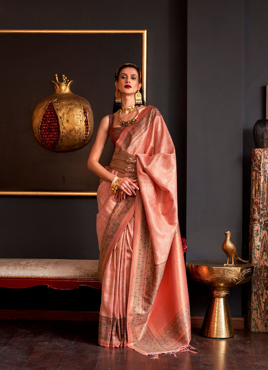 Peach Kamiya Silk Chap handloom Saree