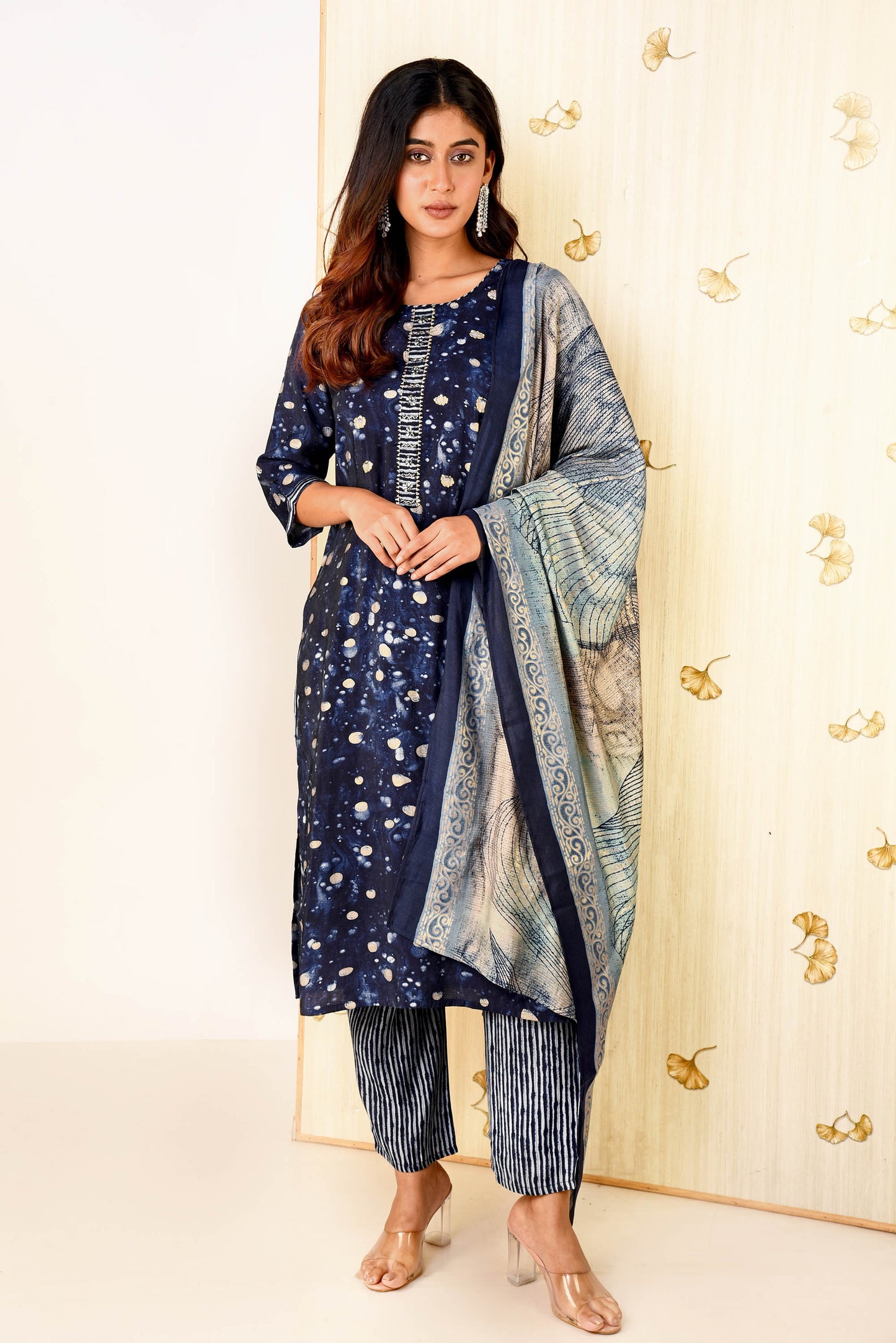 Navy Blue Muslin Simmer Printed Straight Fit Kurta