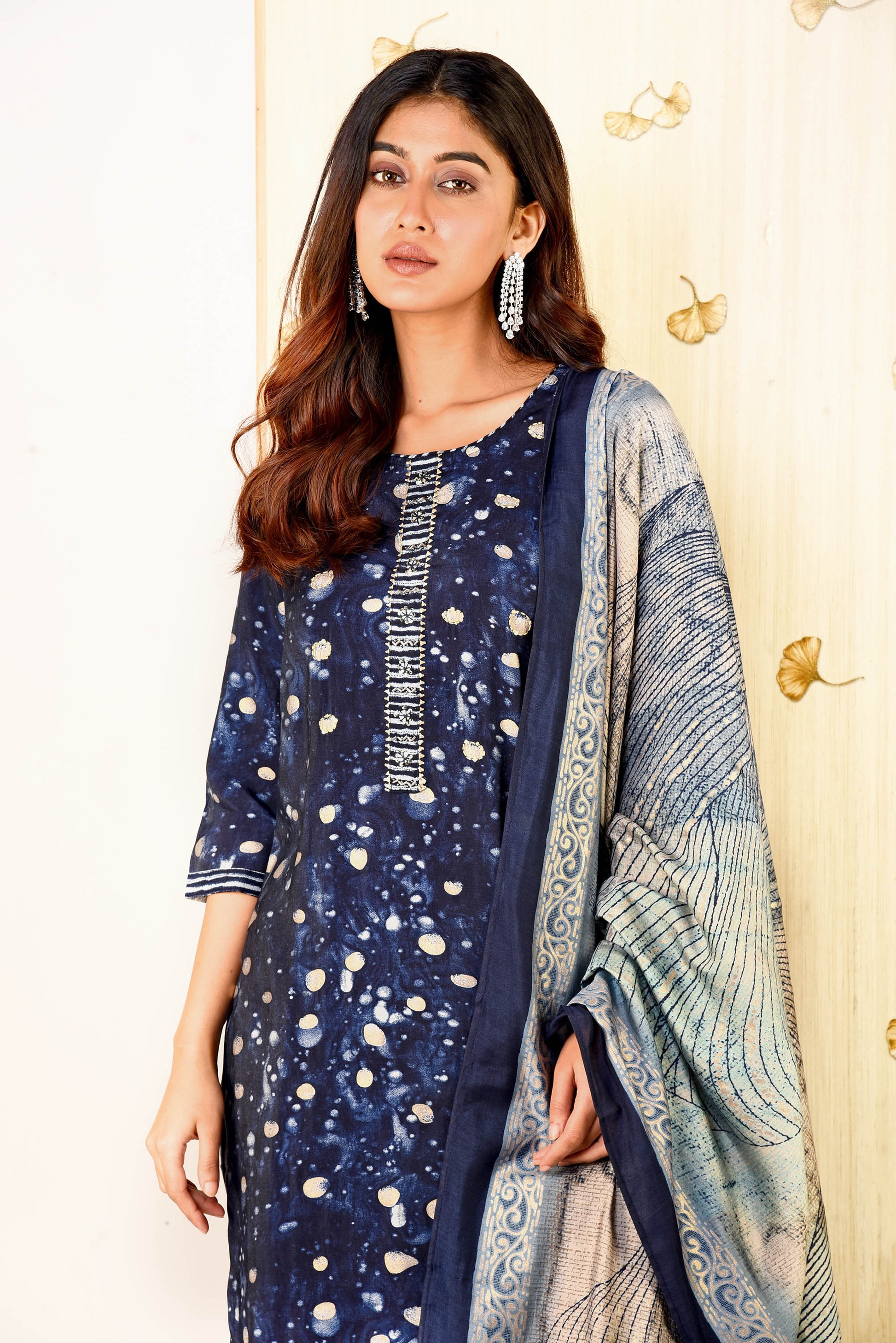 Navy Blue Muslin Simmer Printed Straight Fit Kurta