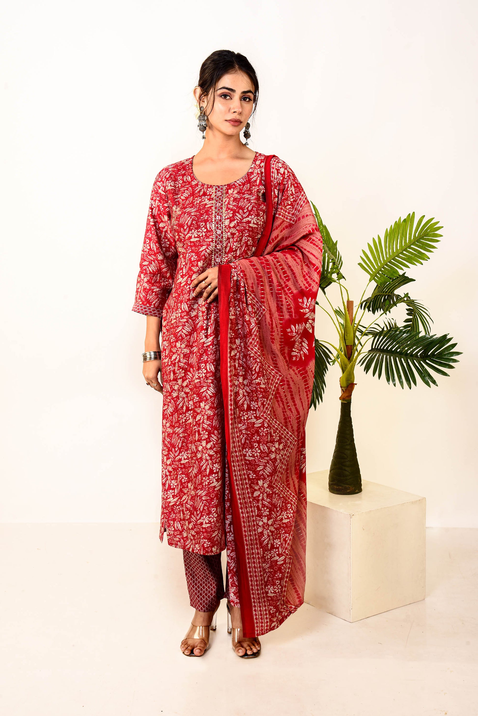 Cherry Red Modal Satin Printed Straight Fit Kurta