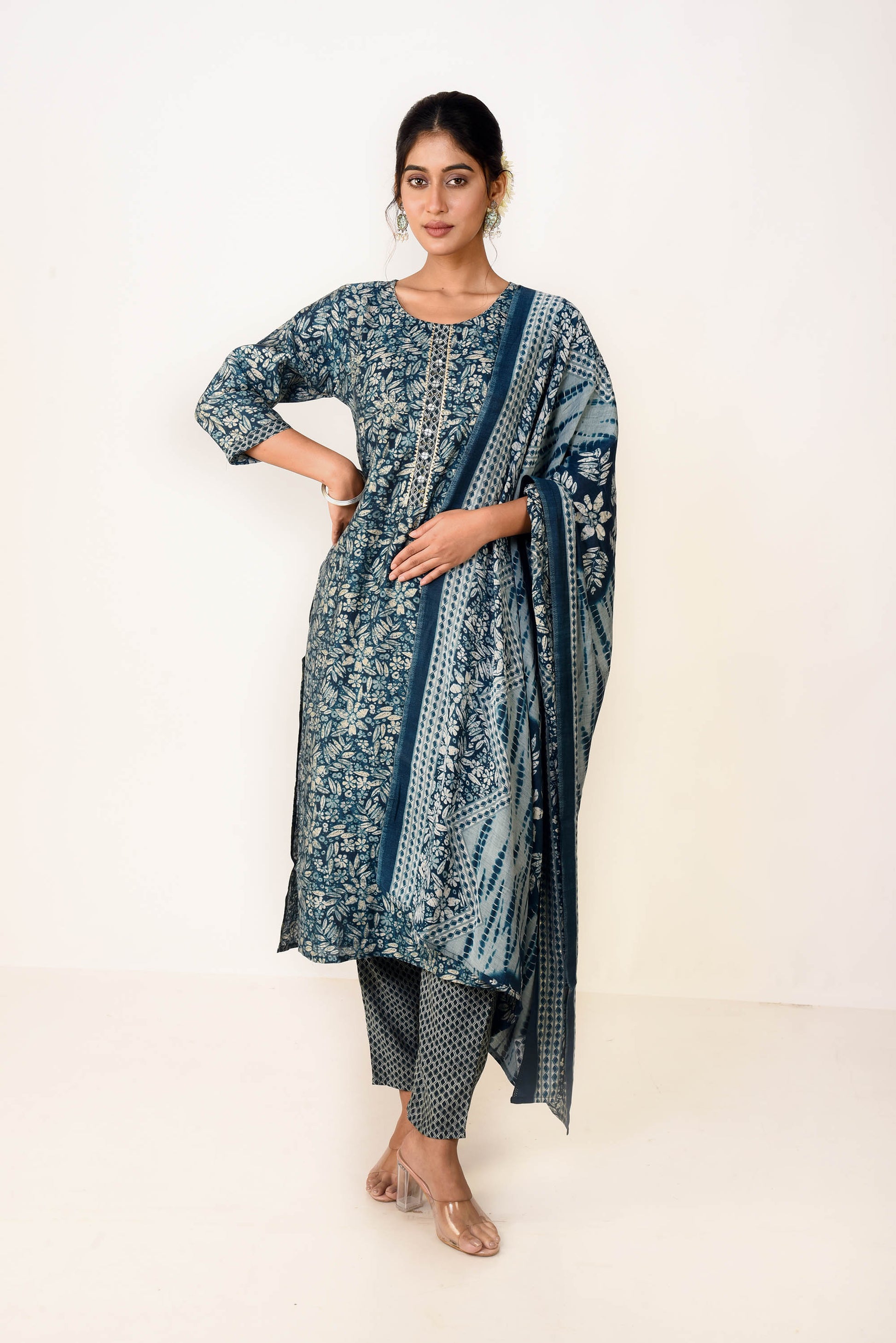 Blue Modal Satin Printed Straight Fit Kurta