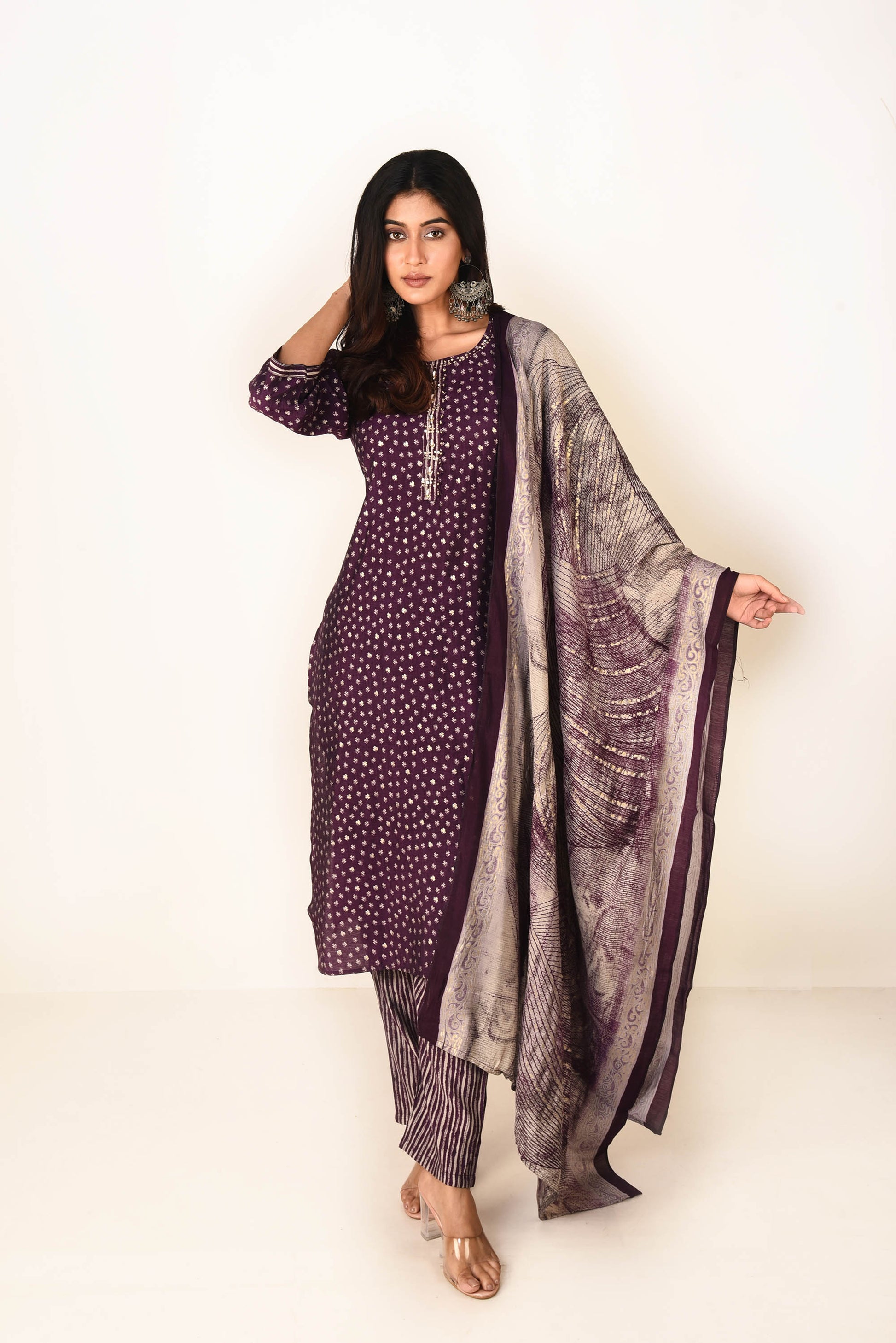 Deep Purple Satin Printed Straight Fit Kurta