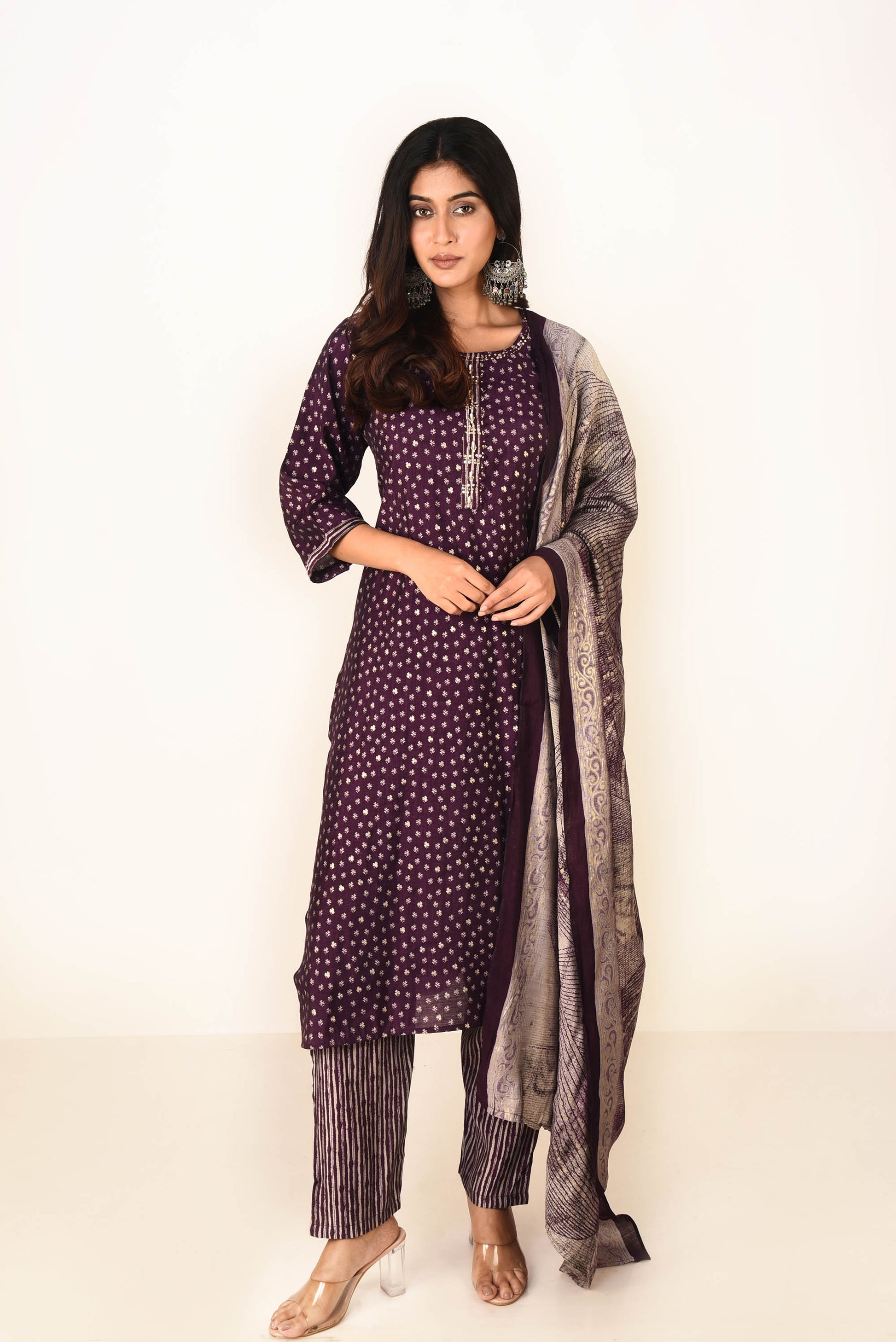 Deep Purple Satin Printed Straight Fit Kurta