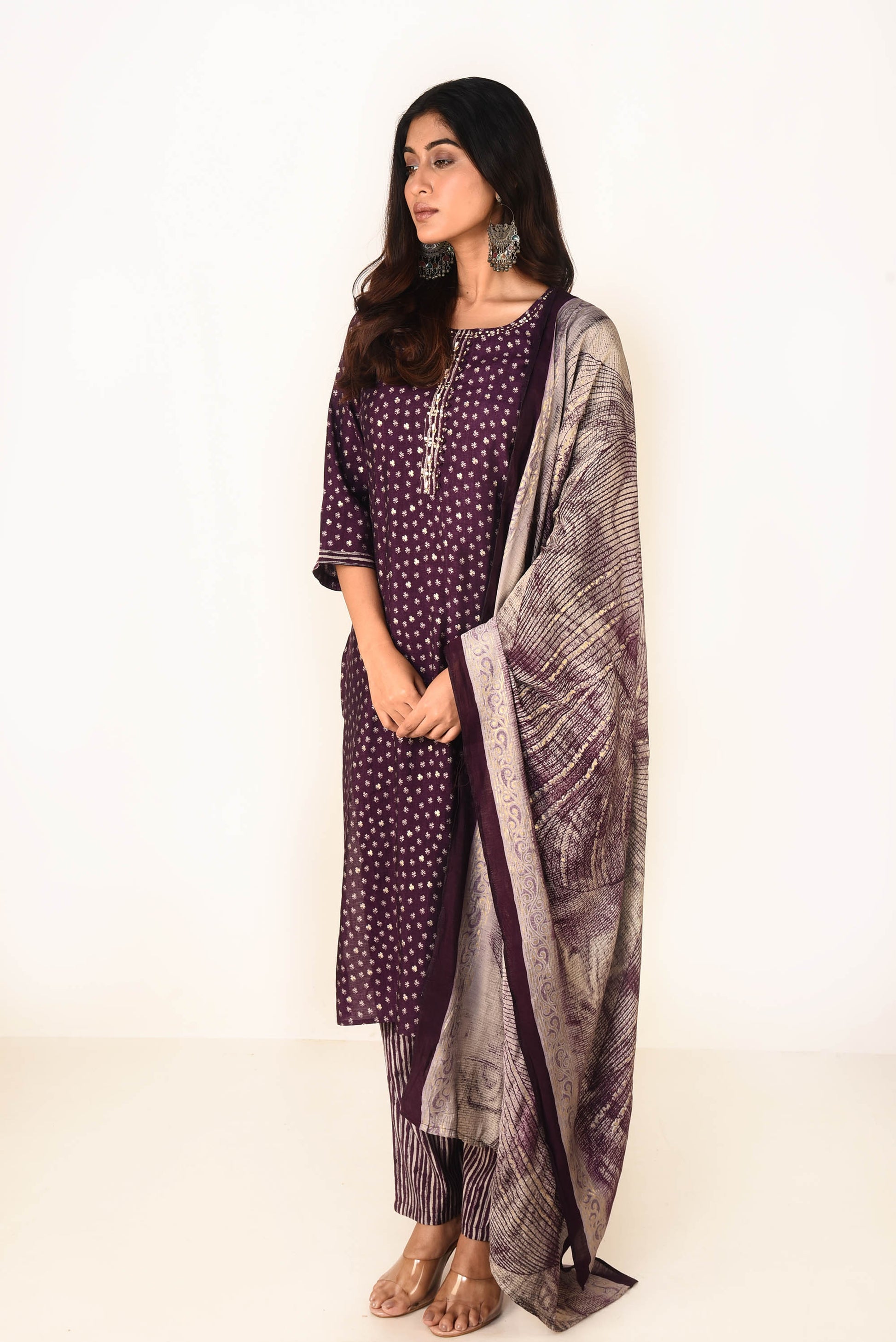 Deep Purple Satin Printed Straight Fit Kurta