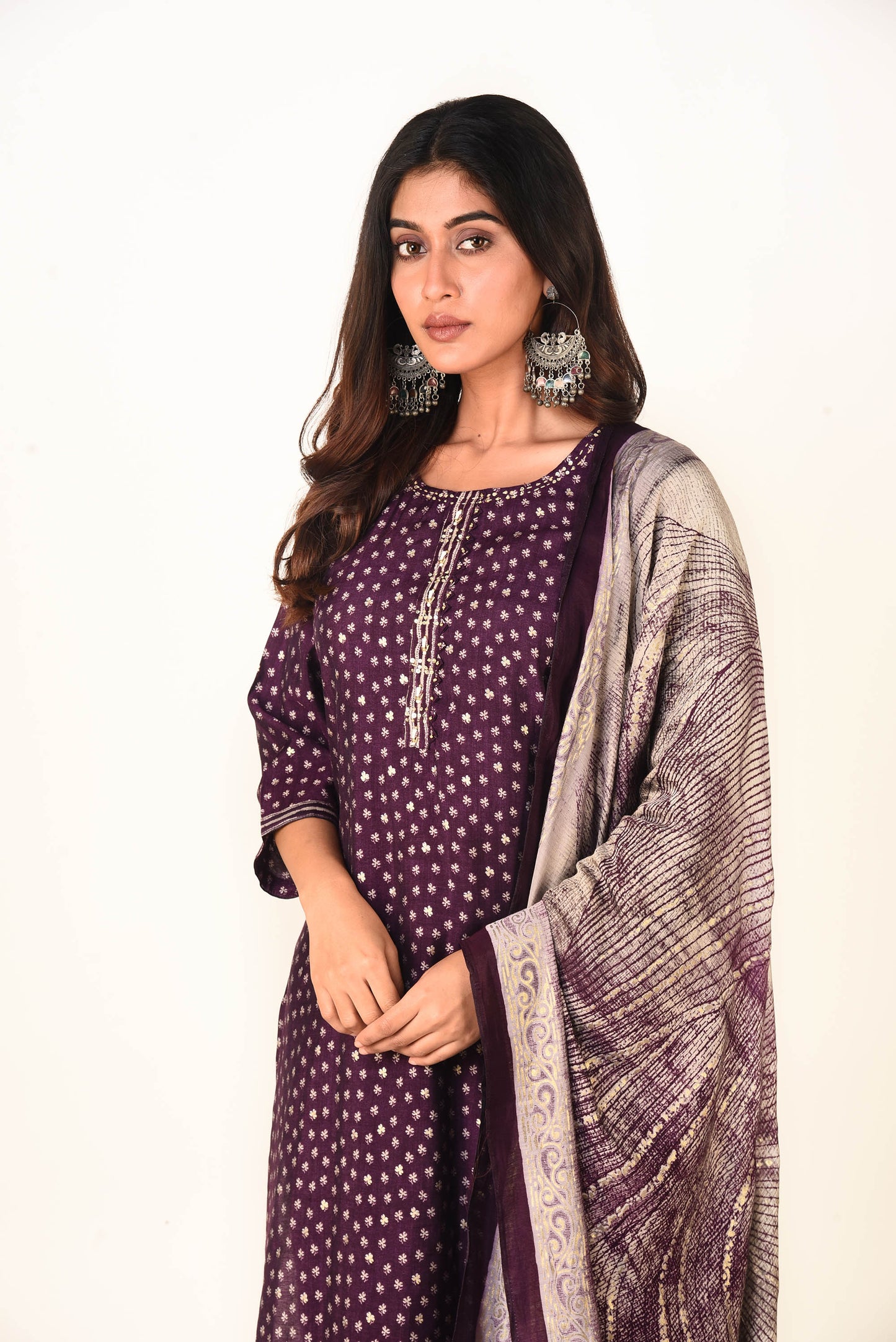 Deep Purple Satin Printed Straight Fit Kurta