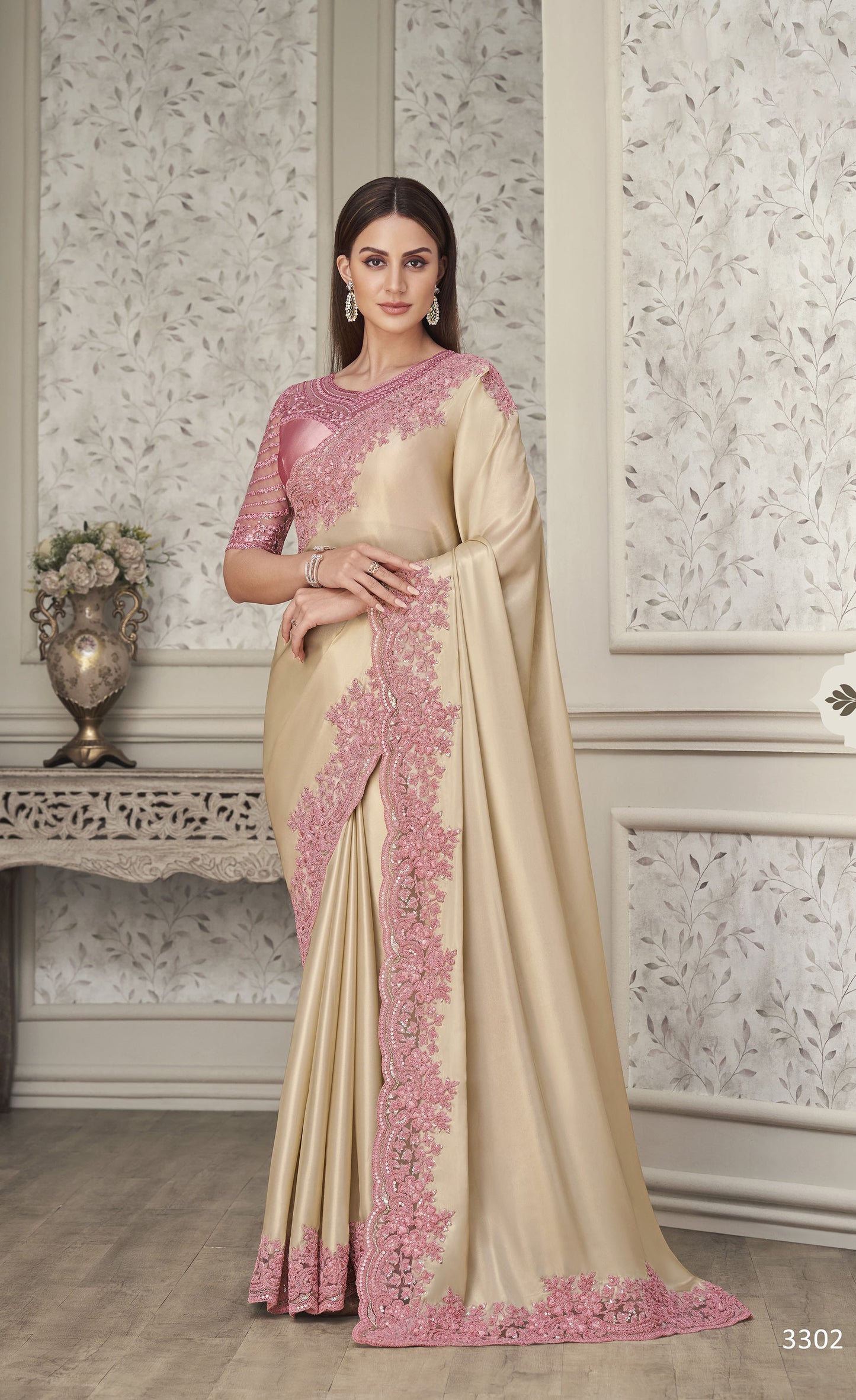 Beige Color Resham Embroidered Satin Silk Saree