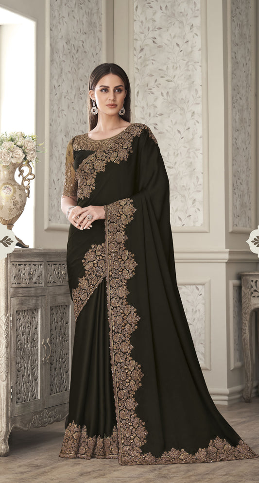 Dark Green Color Resham Embroidered Satin Silk Saree