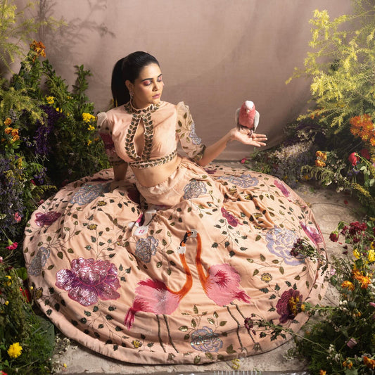 Peach Sequins Embroidered Designer Flying Soul Bridal Lehenga