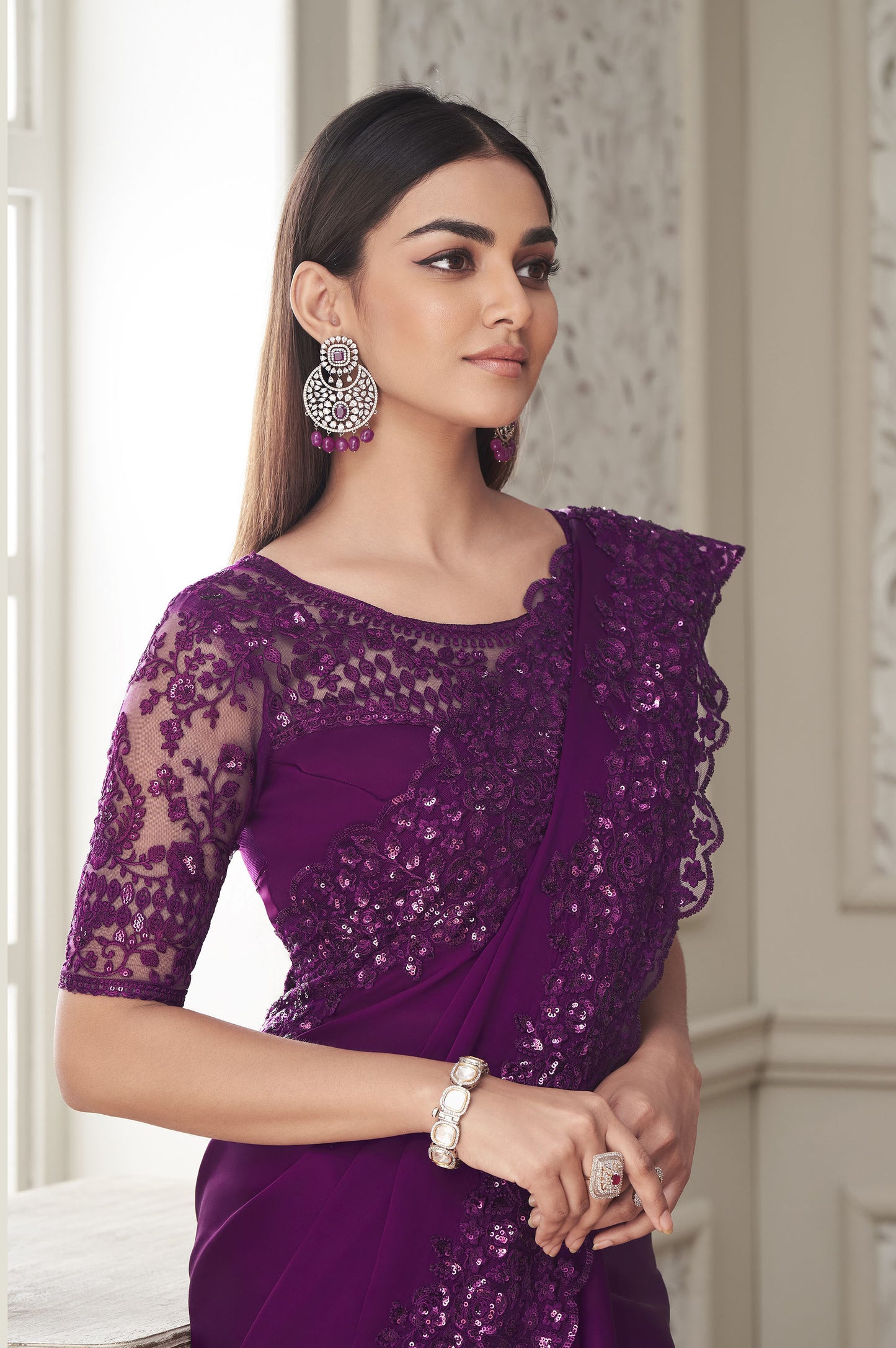Dark Purple Color Resham Embroidered Satin Silk Saree