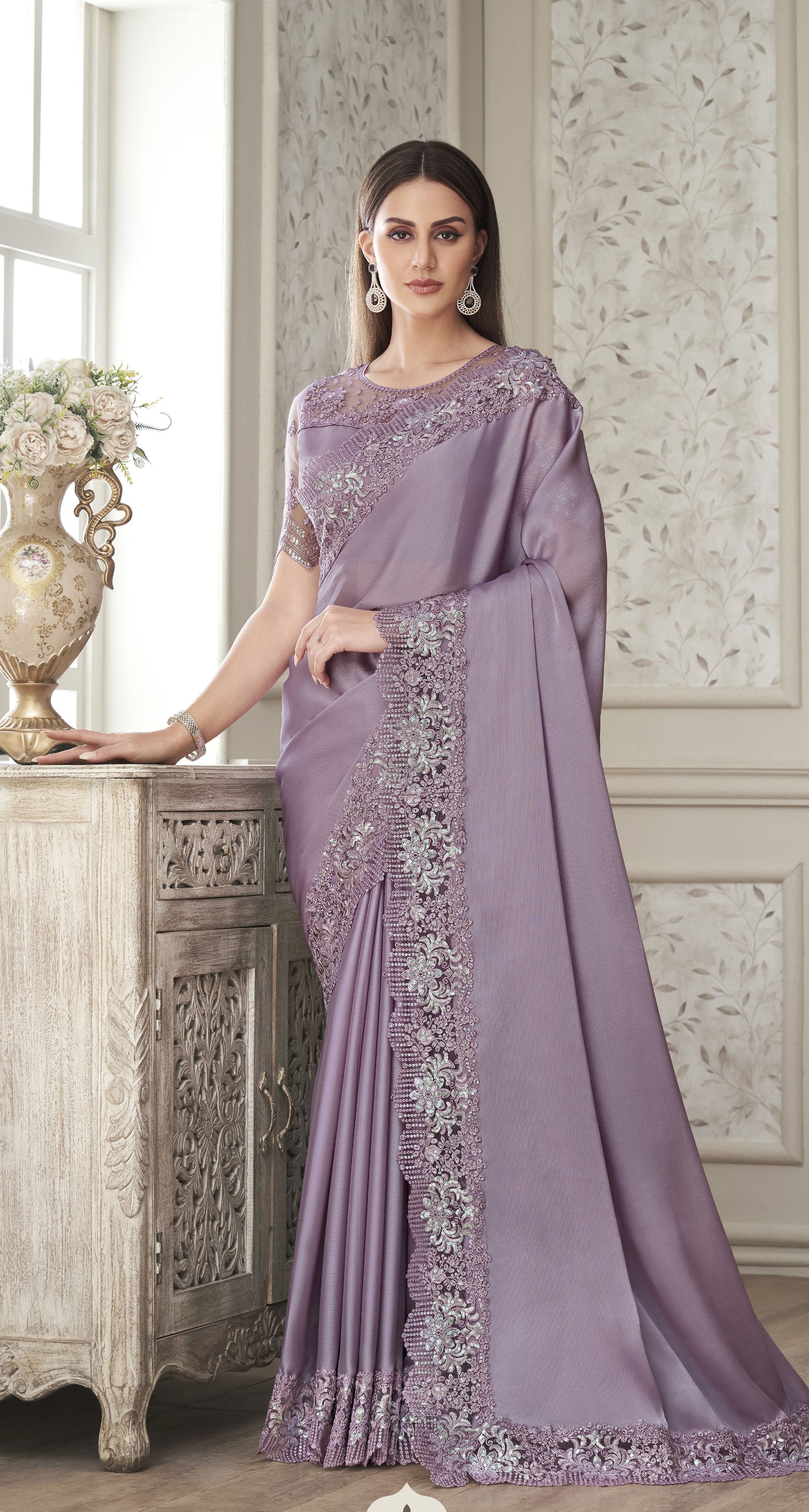 Light Purple Color Resham Embroidered Satin Silk Saree