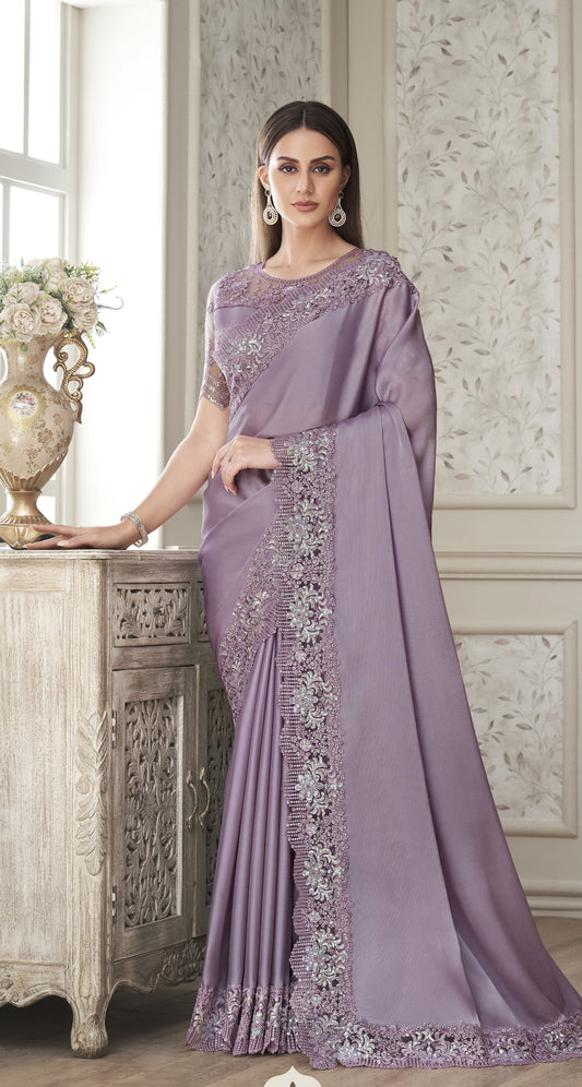 Light Purple Color Resham Embroidered Satin Silk Saree