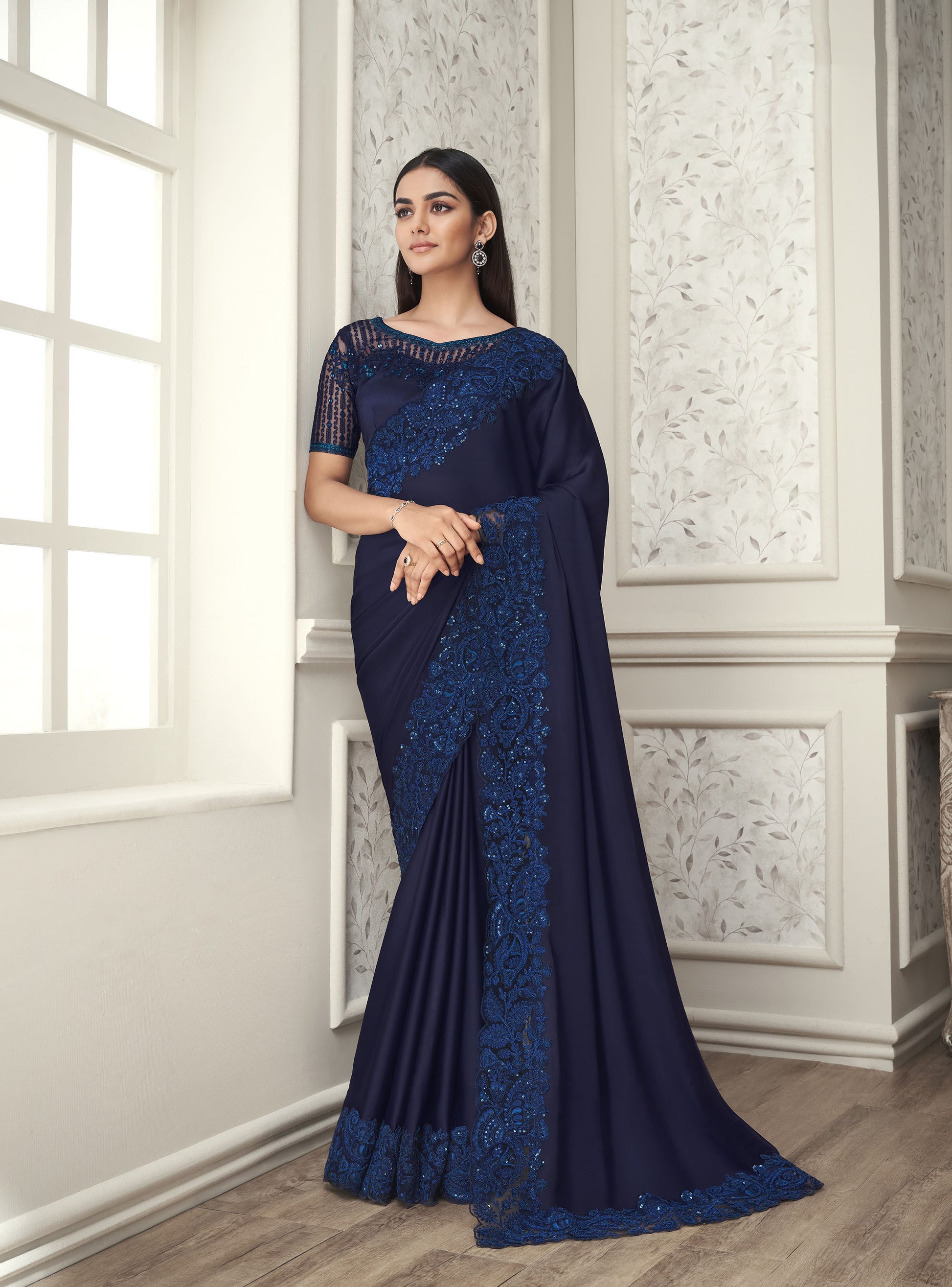 Dark Blue Color Resham Embroidered Satin Silk Saree