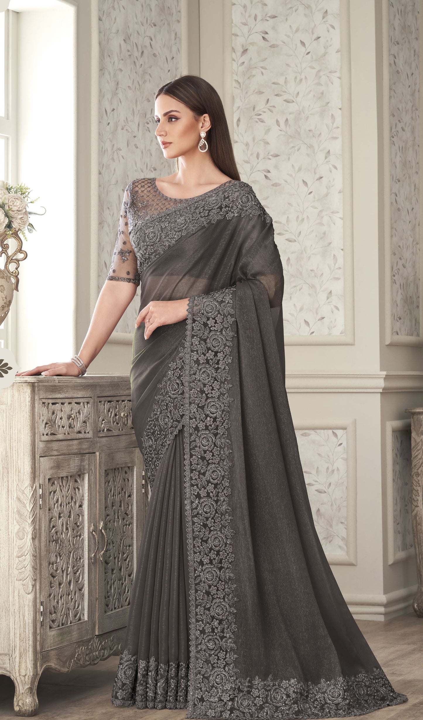 Grey  Color Resham Embroidered Satin Silk Saree