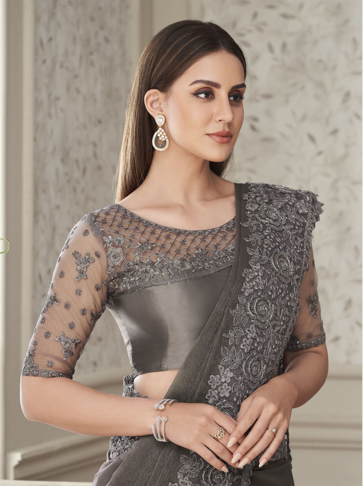 Grey  Color Resham Embroidered Satin Silk Saree